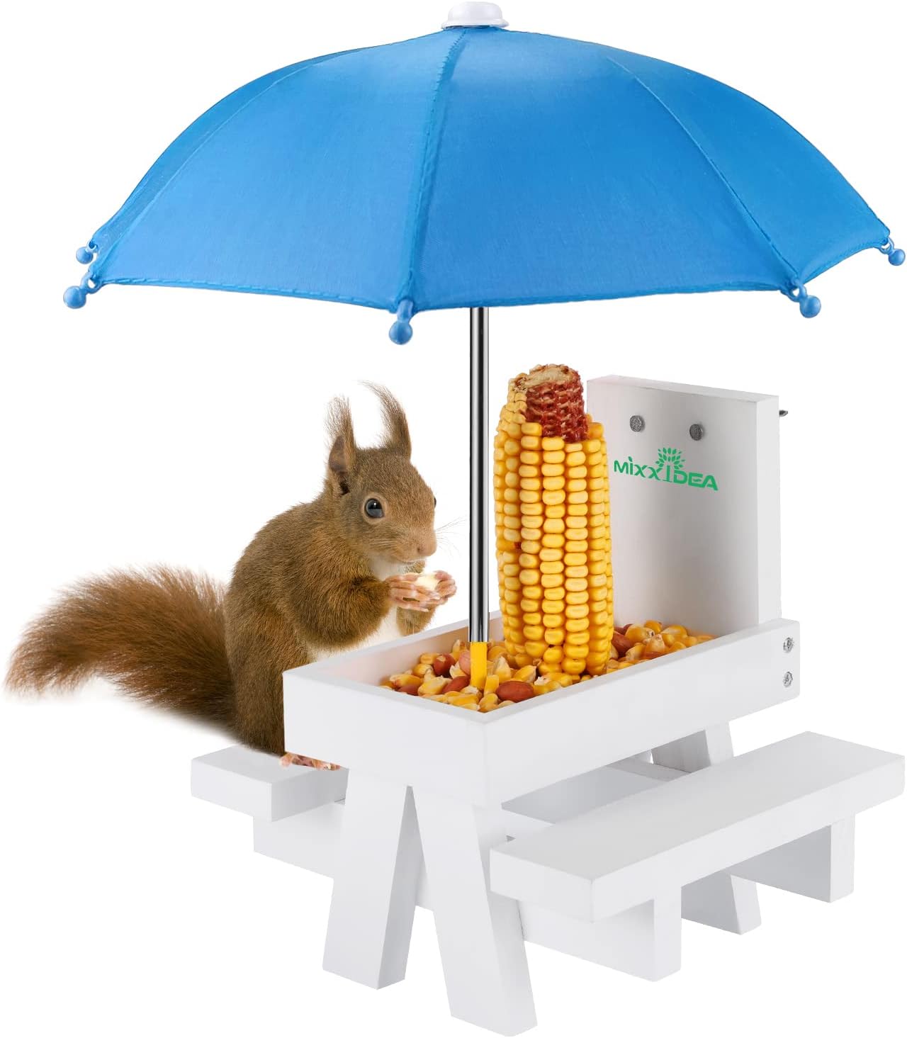 Backyard Birding & Wildlife - MIXXIDEA Squirrel Feeder Table with Umbrella, Wooden Squirrel Picnic Table Feeder, Durable Squirrel Feeder Corn Cob Holder, with Solid Structure and 2 x Thick Benches(White&Blue)