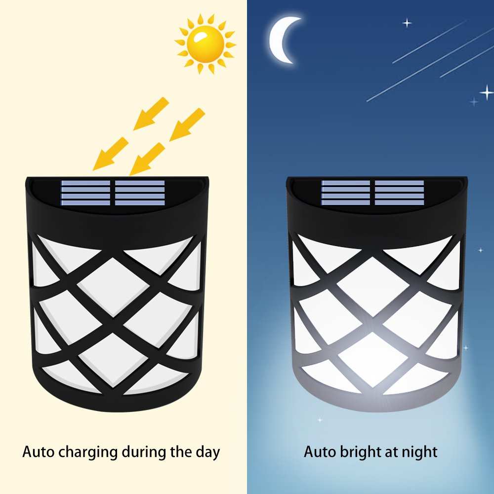 Sunklly Outdoor Solar Fence Lights Waterproof 6 LED Wall Lamp for Porch,Garden,Patio (White Light,Pack of 4)