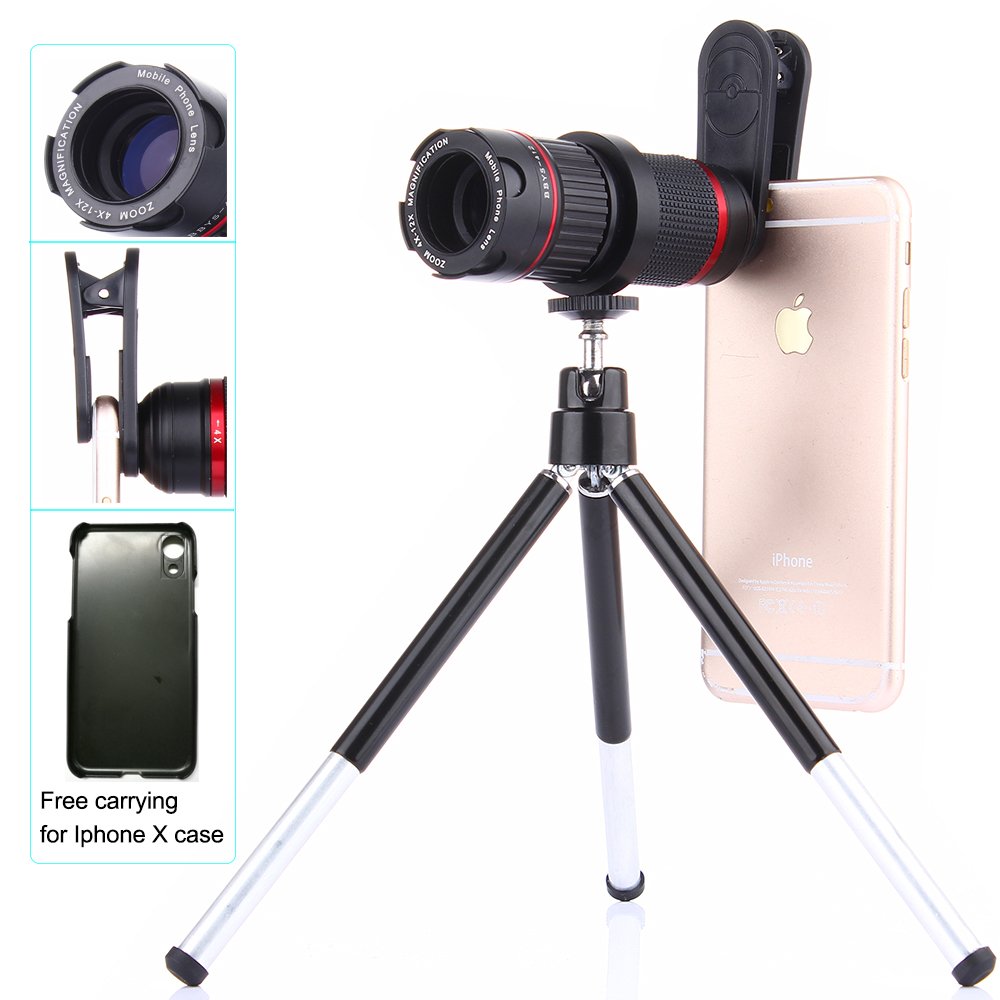 Camera Zoom Lens,WMTGUBU 4 in 1 Universal Clip on Cellphone Phone 4X-12X  Camera Zoom Clip Lens Kit,15X Micro Lens+0.45X Super Wide Angle Lens Tripod  ...