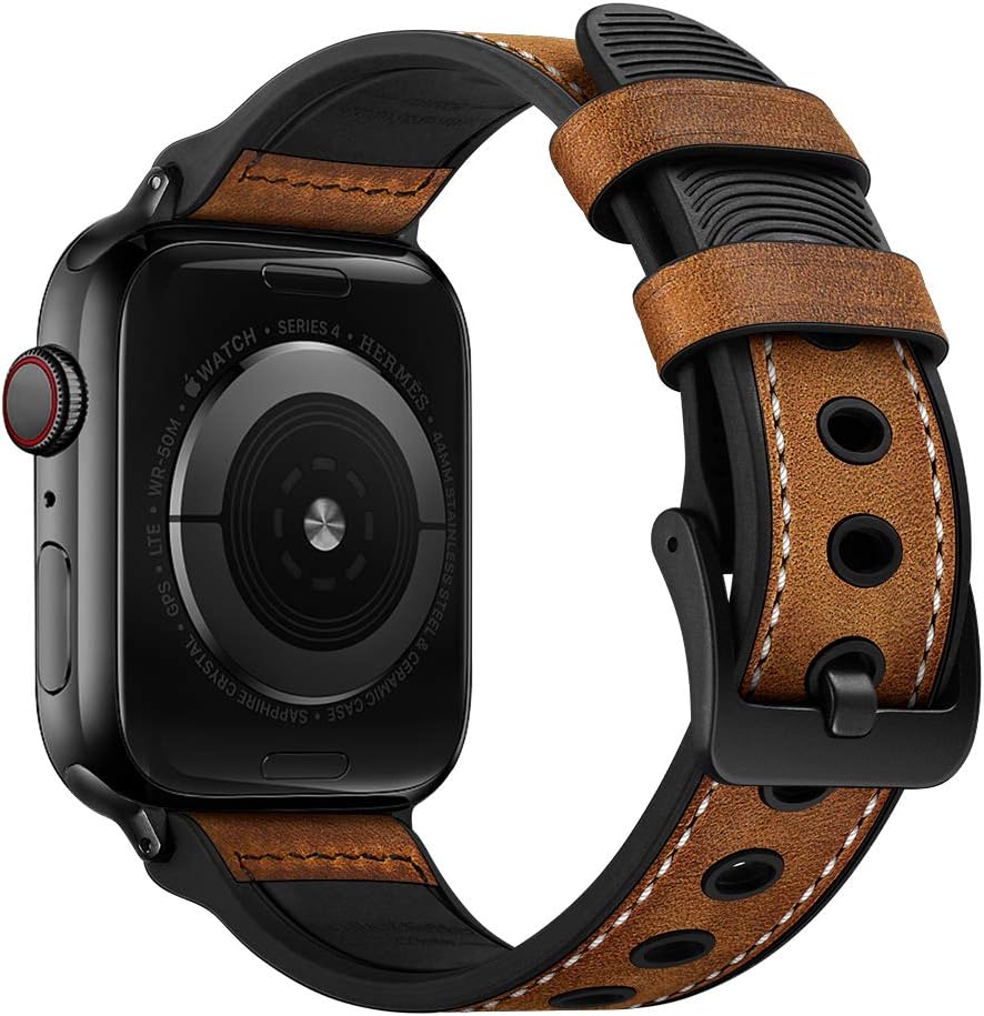 TPWAY [Upgraded] Compatible with Apple Watch Band 42mm 44mm,Genuine Leather and sweatproof Silicone Rubber Hybrid Band Strap Compatible with Apple Watch Series 6 5 4 3 2 1,SE,42mm 44mm,Darkbrown