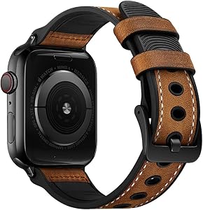 TPWAY [Upgraded] Compatible with Apple Watch Band 42mm 44mm,Genuine Leather and sweatproof Silicone Rubber Hybrid Band Strap Compatible with Apple Watch Series 6 5 4 3 2 1,SE,42mm 44mm,Darkbrown