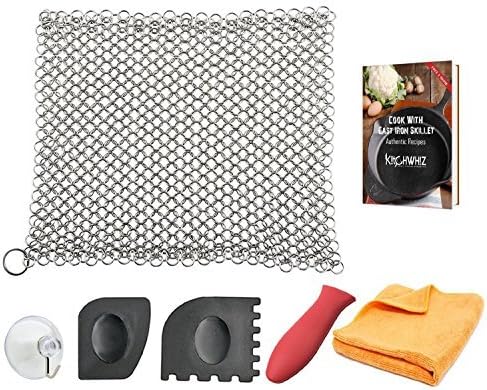 KitchWhiz [6in1] Handcrafted Premium Cast Iron Cleaner, 7 inches Hygienic Stainless Steel Scrubber with Silicon Handle + Pan Scraper + Drying Hook + Cleaning Cloth and Recipe Book by KitchWhiz