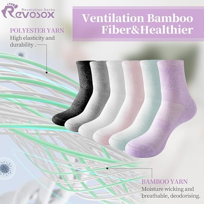 Revosoxs Diabetic Socks for Women Men,5 Pairs Bamboo Viscose Non Binding Diabetic Ankle Socks,Wide Seamless Socks 6-9 9-12
