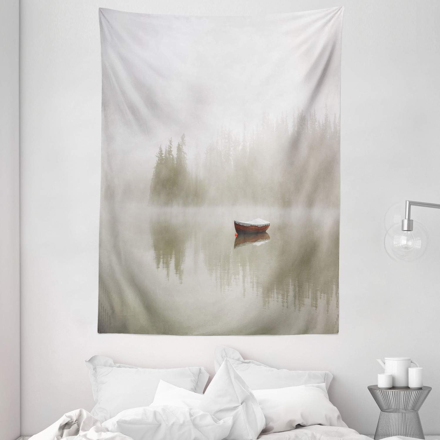 Amazon Com Ambesonne Lake House Decor Tapestry Wall Hanging Boat On The Lake The Silhouette Trees On The Water Morning Fog Sky Nature Art Photo Bedroom Living Room Dorm Decor 60 X 80