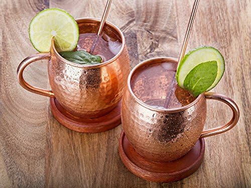 Premium Moscow Mule 16Oz. 100% 2 Copper Mugs Set By Estilee- Barrel Shaped Hammered & Strong, Durable Russian Style Cups– Bonus 2 Copper Straws & 2 Wooden Coasters– Extra 52 Cocktail Recipes eBook