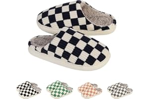 Yueerlu House Slippers for Women Men, Mens Slippers on Fuzzy House Slippers Memory Foam Checkered Slippers Scuff Outdoor Indoor Warm Plush Bedroom Shoes with Faux Fur Lining