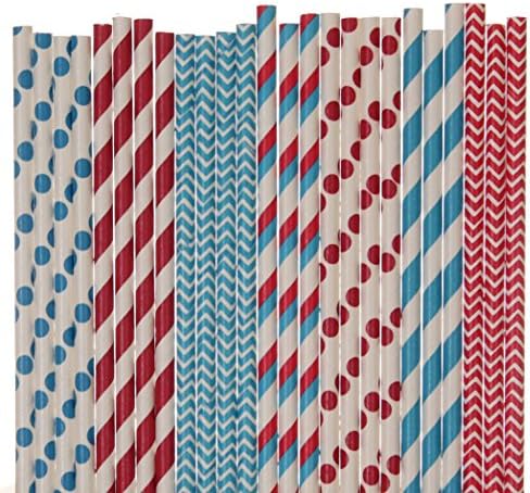 Dr Seuss Paper Straw Mix - Red and Blue - Striped, Polka Dot, Cevron (50)