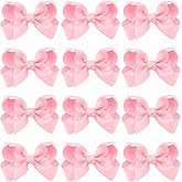 12 PCS 3" Pink Hair Bows for Girls, Grosgrain Ribbon Solid Color Hair Bows for Teen Toddler Little Girls