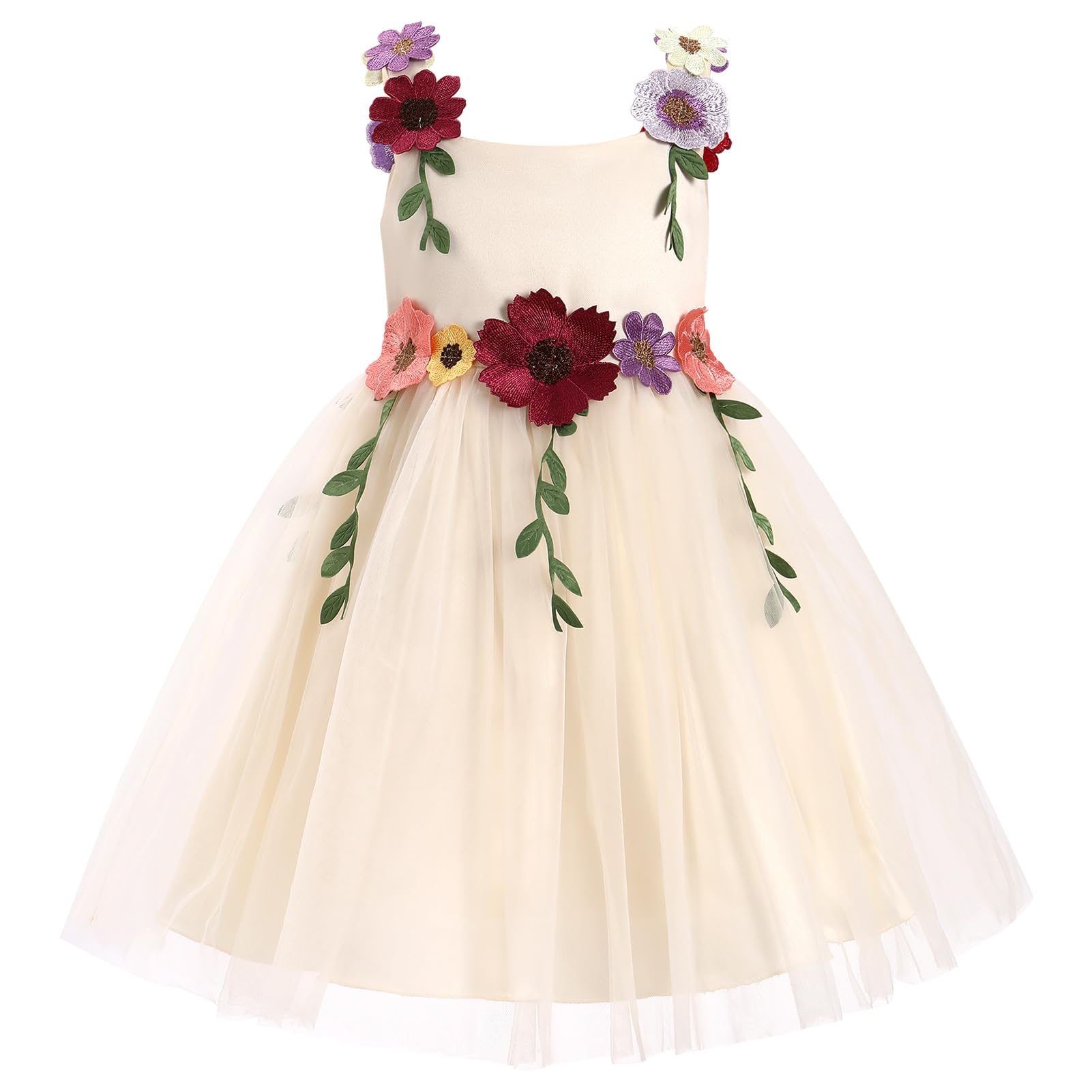 Photo 1 of ODASDO Flower Girl Fairy Tulle Dress Kids Floral Embroidery Square Neck Sleeveless A-line Princess Tutu Dresses for Wedding Birthday Party Pageant Evening Formal Easter Champagne 7-8 Years