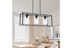 BONLICHT Rectangle Dining Room Lighting Fixture Hanging Black 3 Light Rustic Farmhouse Linear Chandelier Industrial Vintage Kitchen Island Metal Cage Pendant Light with Clear Glass and Adjustable Rods