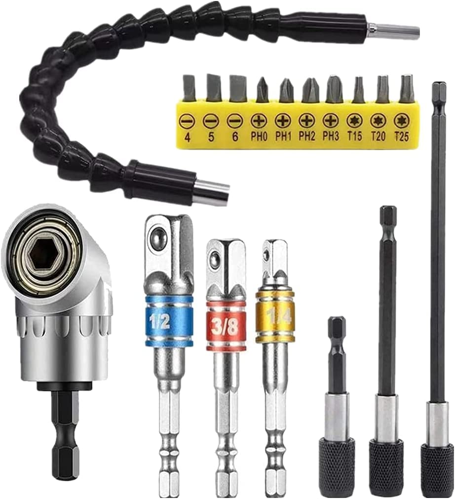 Flexible Shaft Bits Drill Extension - 105° Angle Screwdriver Adapter, 3-Piece Cordless Screwdriver Socket Adapter Set (1/4, 3/8, 1/2 Inch), Flexible Angle Extension Bit Kit