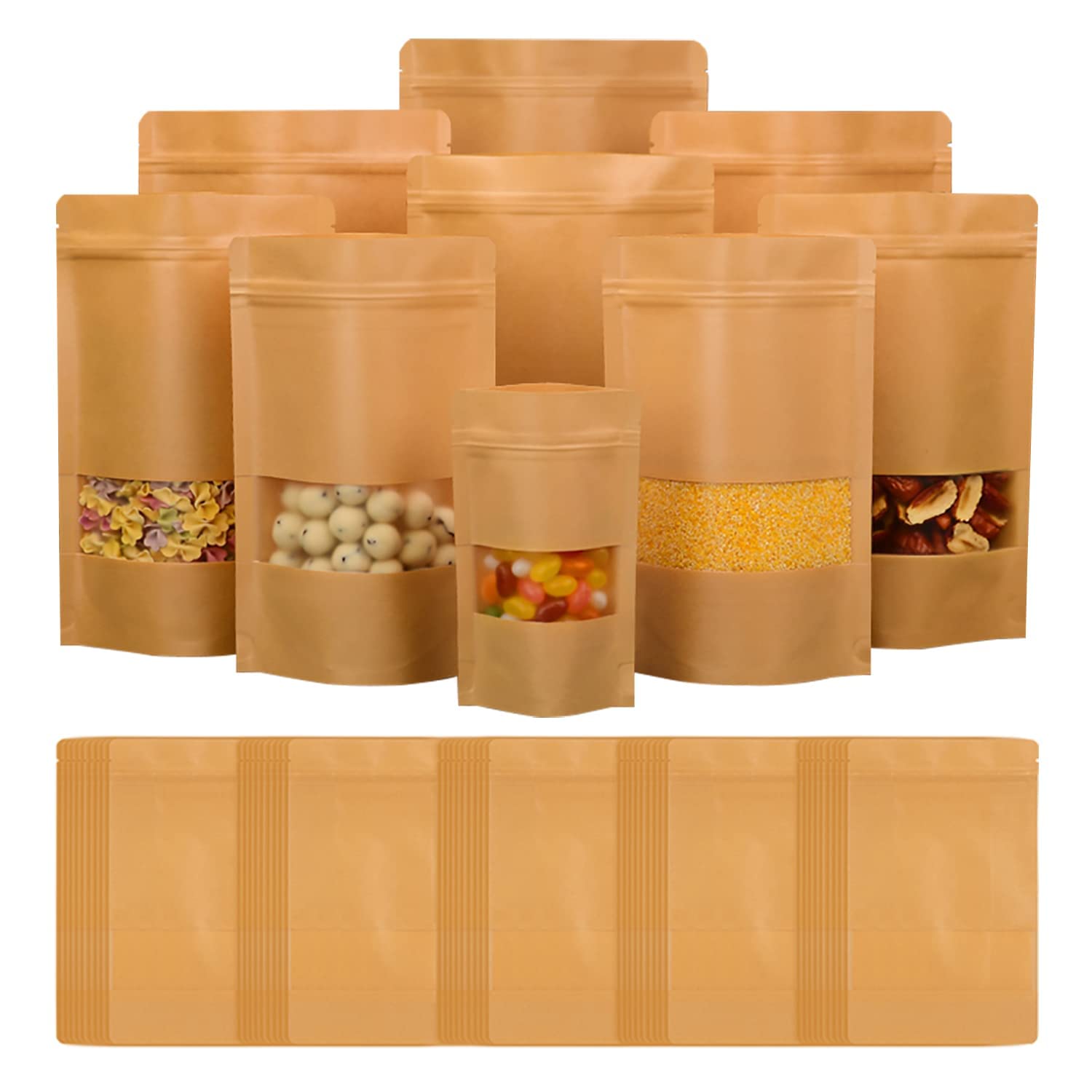 Kraft Sealable Pouches With Window - Brown Bags for Nuts, Coffee, Tea, Spices (15x24cm, 50PCS)