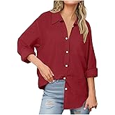 Linen Shirts for Women Full Button Down Casual Long Sleeve Blouse V-Neck Loose Work Tunic Tops with Pocket