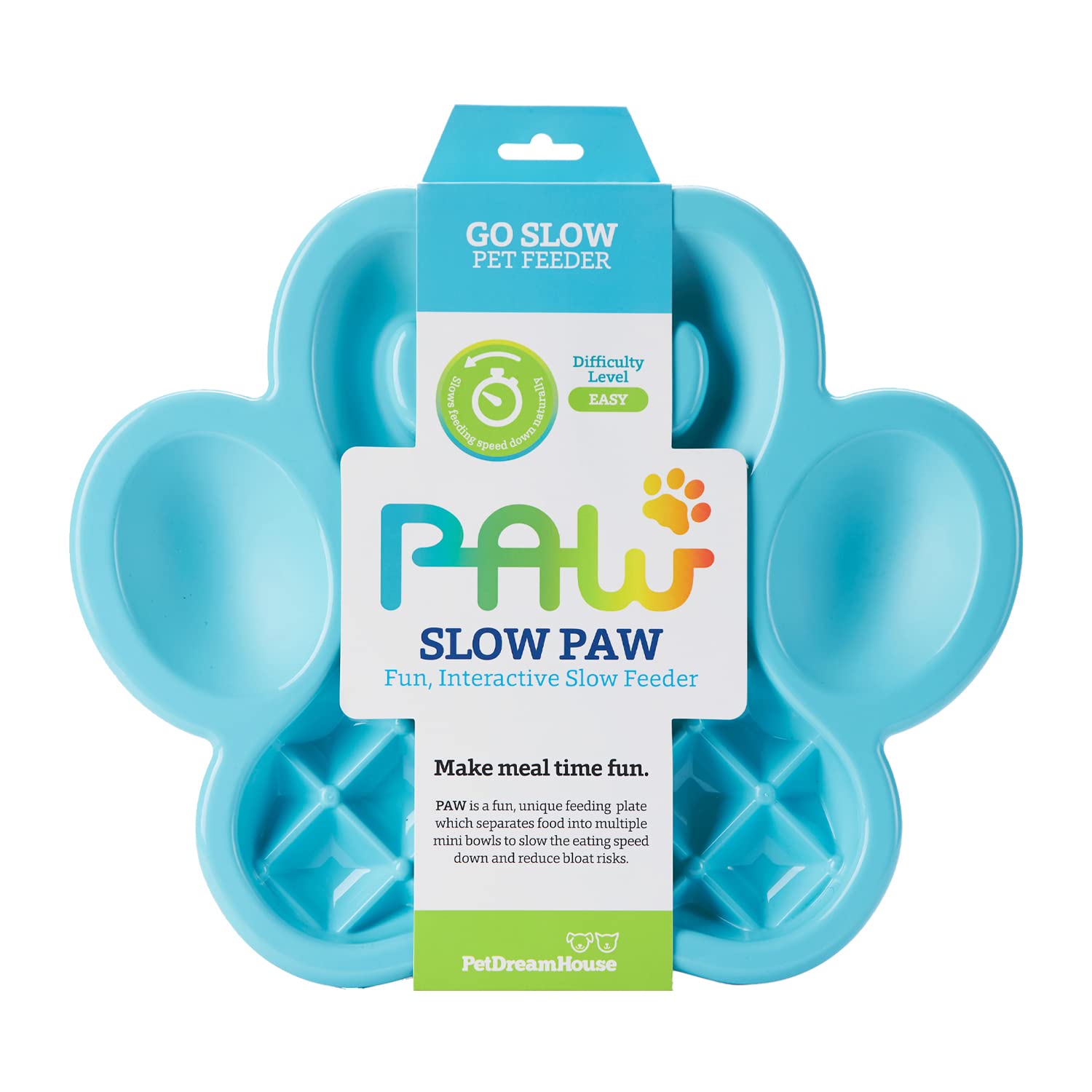 PetDreamHouse PAW Dog Slow Feeder Bowl, Puppies or Cats Plate Food Treats Controls Fast Eating Anti Bloating-Blue