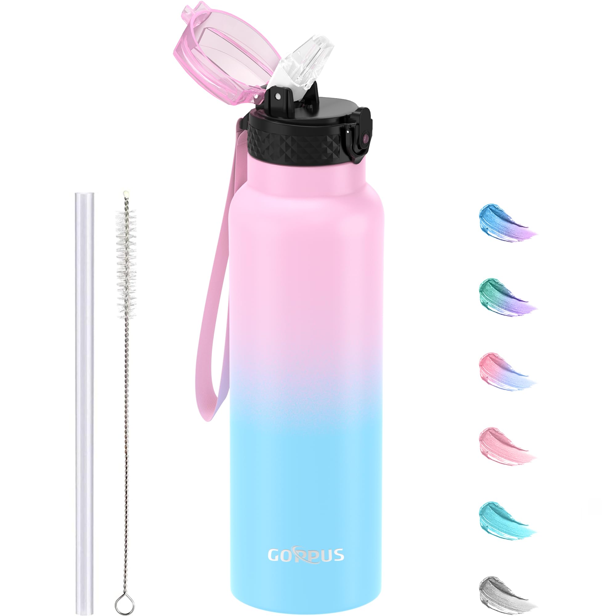 GOPPUS 750ml/26oz Stainless Water Bottle with Straw Double Wall Insulated Bottles with Strap Reusable Vacuum Thermal Flask Leakproof Keep Cold Drinks Bottles with Flip Top Lid for Men Women BPA Free