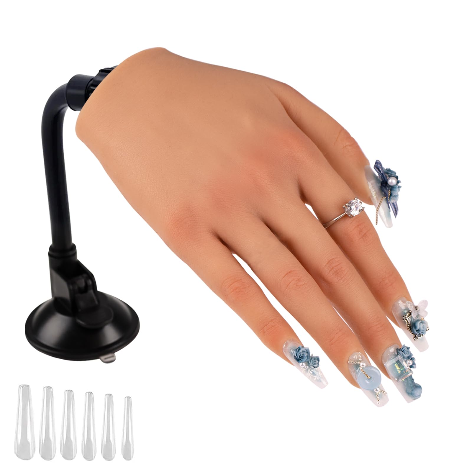 KnowU Silicone Practice Hand for Acrylic Nails - Right Hand with Thicker Cuticle, 14mm Stable Insert & Table Clip, 10PCS Nail Tips Included, Nail Training Model for Beginners/Professionals