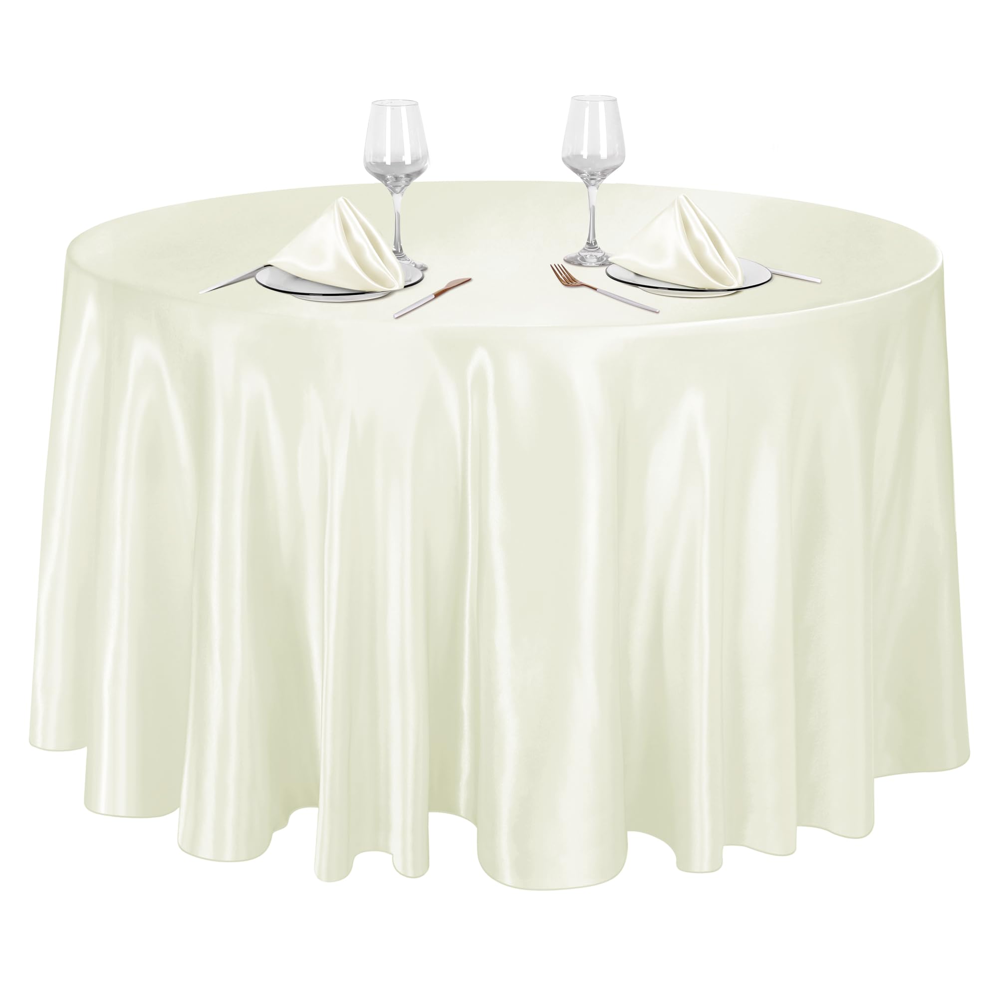 Photo 1 of Ruisita 120 Inches Round Satin Tablecloths Ivory Overlay Round Satin Table Cover Bright Silk Smooth Fabric Tablecloth for Wedding Banquet Tables Decoration