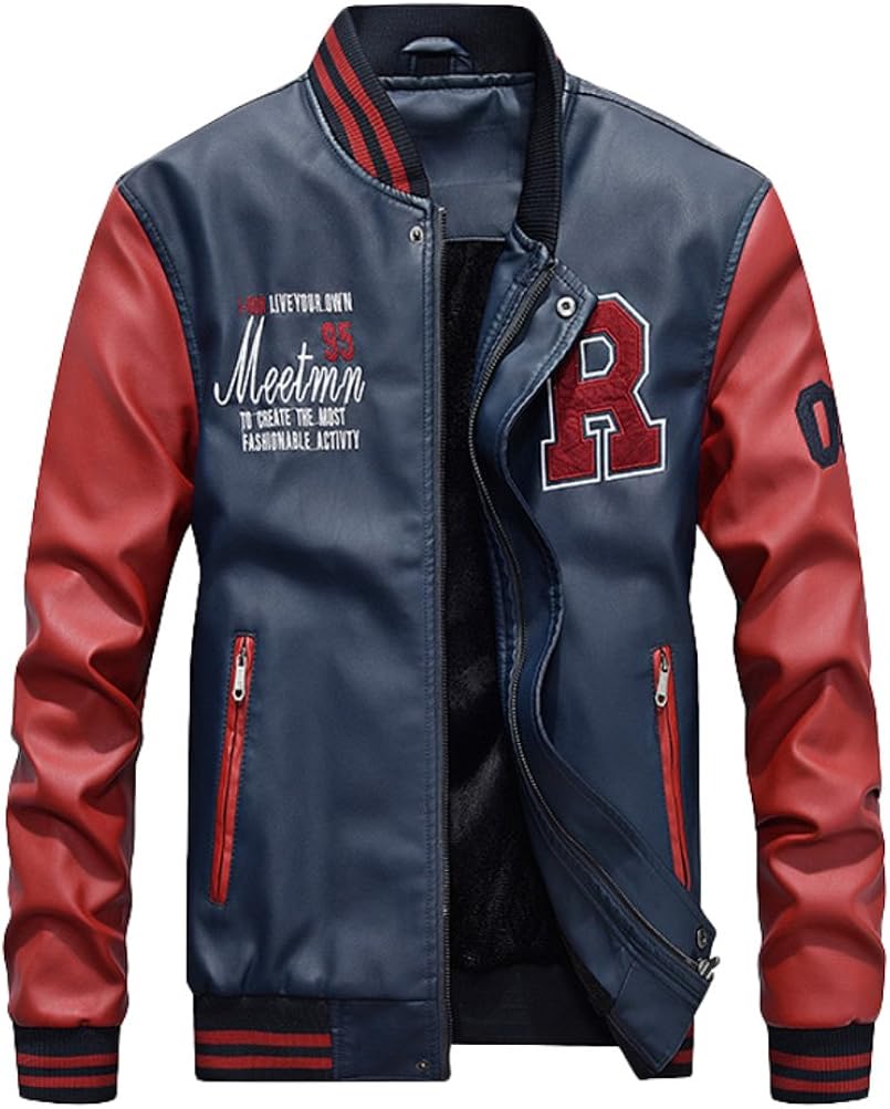 Mordenmiss Men's Basic Leather Letter Man Baseball Varsity Jacket Bomber Outwear at  Men’s Clothing store