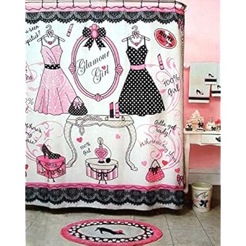 Glamour Girl Black White Polka Dot Fabric Shower Curtain W Pink