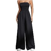 OYOANGLE Women's Strapless Jumpsuits Ruched Wide Leg Tube Romper Vacation Going Out Summer Outfits