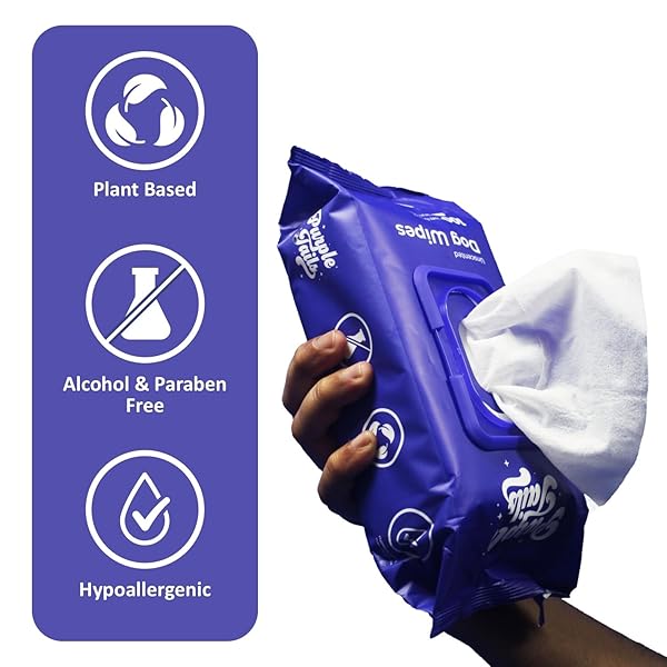 PURPLE TAILS DOG WIPES – 400 DOG WIPES FOR PAWS AND BUTT, FUR, EARS – PLANT-BASED DOG PAW WIPES – CLEANING WIPES FOR PETS – PUPPY WIPES WITH ALOE VERA, SHEA BUTTER – 4 X 100 PACK