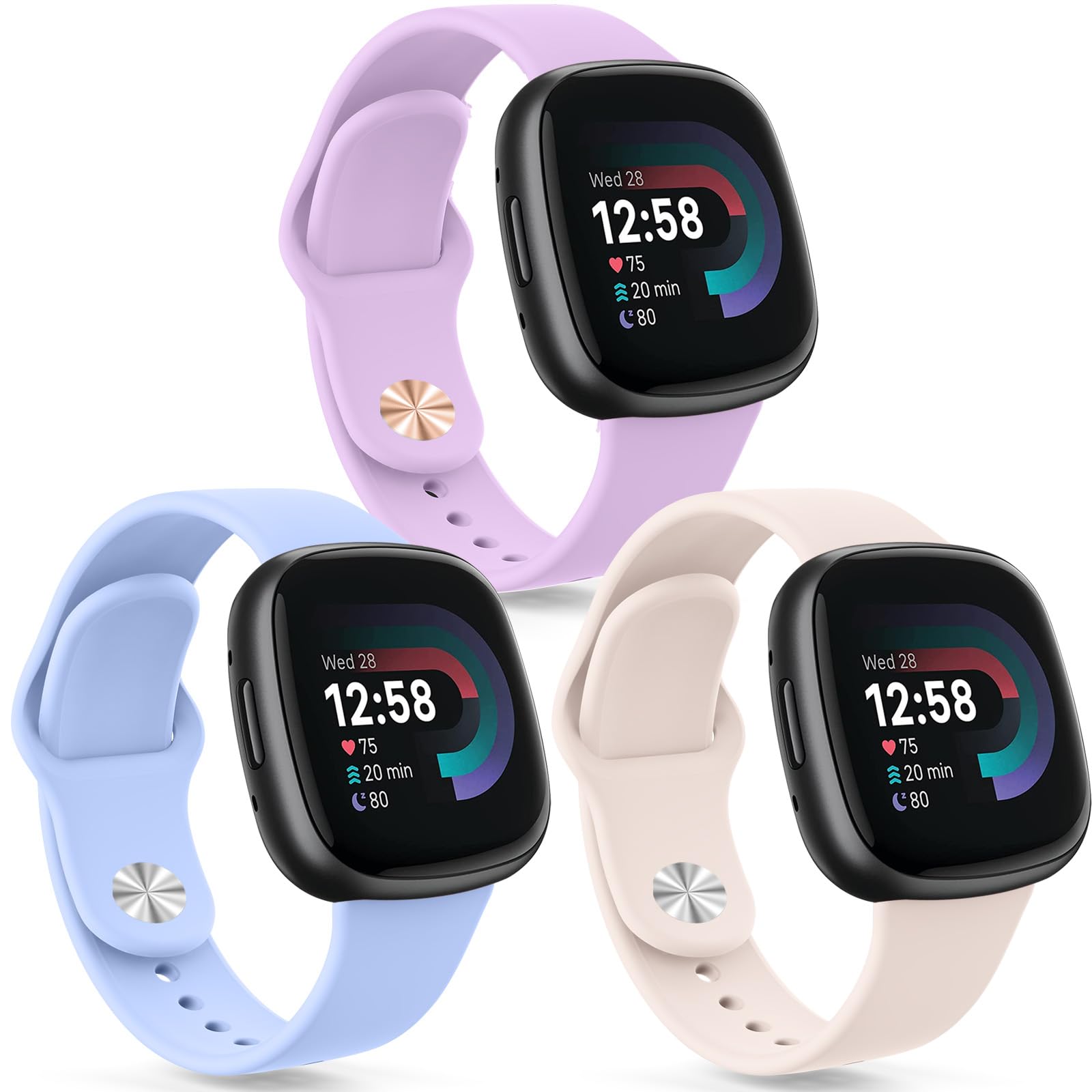 Fitbit Versa 4/3/Sense 2/3 Strap - 3 Pack Adjustable Silicone Replacement Watch Straps - Small Lavender, Nude Blue, Pink Sand