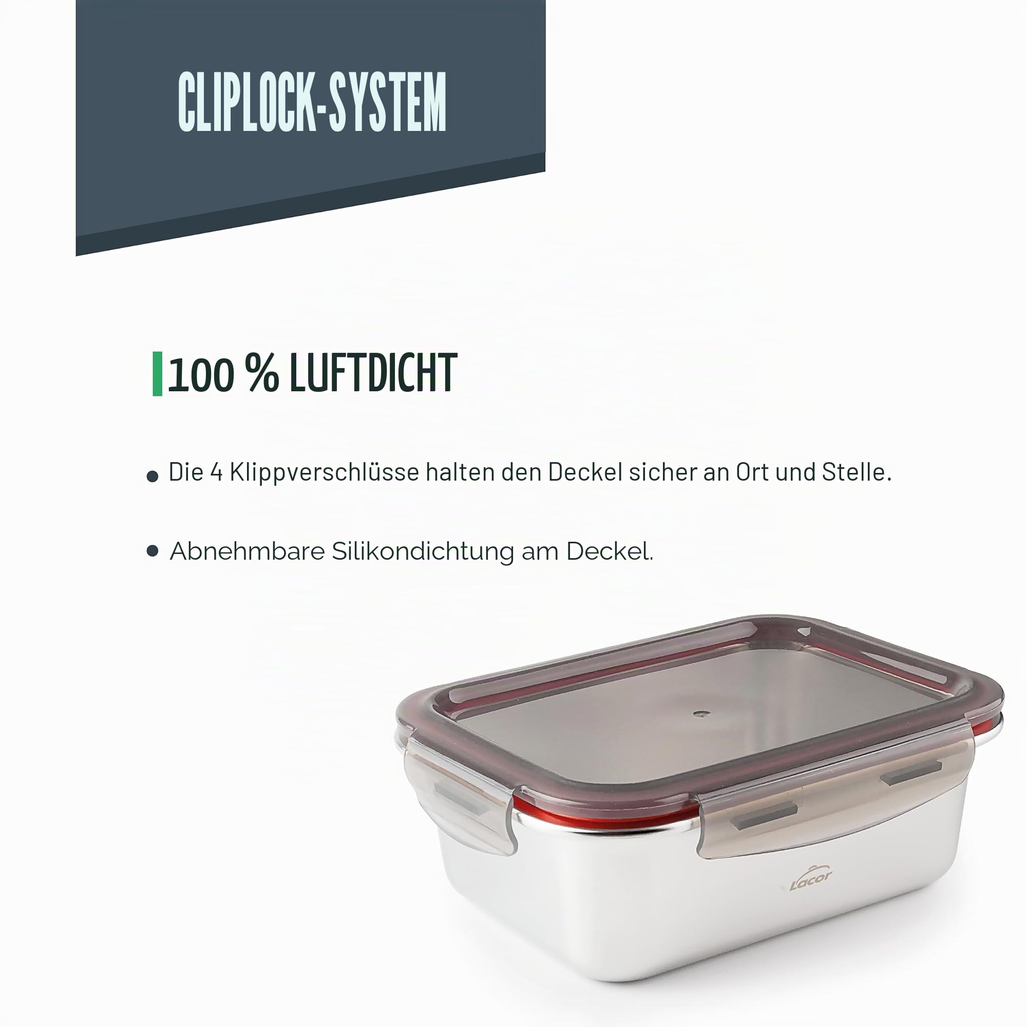 LACOR 64617 - Set mit 3 Behältern für Lebensmittel, Ecoinox, Edelstahl 18/10, 800/1200/1800 ml, geeignet für Mikrowelle, Backofen, Gefrierschrank und Spülmaschine, luftdicht, BPA-frei 6
