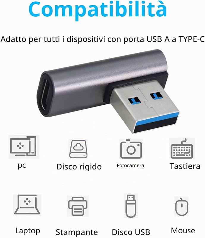 Adattatore USB 3.1 10Gbps 90 Gradi Maschio a Tipo C Femminile - Trasferimento Dati OTG per Tablet Portatile - 3 Pack (Argento)