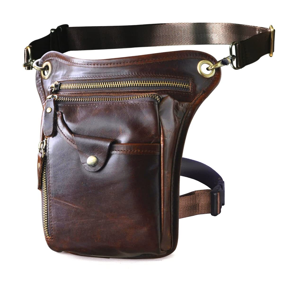 Le'aokuu Mens Genuine Leather Motorcycle Waist Pack Messenger Shoulder Drop Leg Bag 211-5 (211-5 Coffee) — image 1