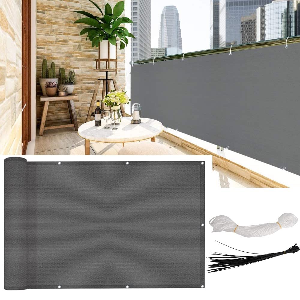KAHEIGN Balcony Privacy Screen, 0.9m x 5m Patio Privacy Protective Screens 200g/m² HDPE 95% UV Block Porch Privacys Fence Cover for Backyard Deck Railing Pools - with Cable Ties and Rope