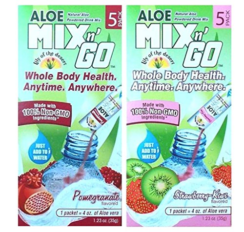 Lily Of The Desert Powdered Aloe Mix N' Go Drink Mix 2 Flavor Variety Bundle: (1) Mix N' Go Pomegranate Aloe Powder, (1) Mix 'N Go Strawberry-Kiwi Aloe Powder, (5 Count Box Each)