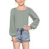 Geckatte Girls Long Sleeve T-Shirts Lace Crewneck Casual Plain Stretchy Ribbed Knit Blouses Tops 5-14 Years