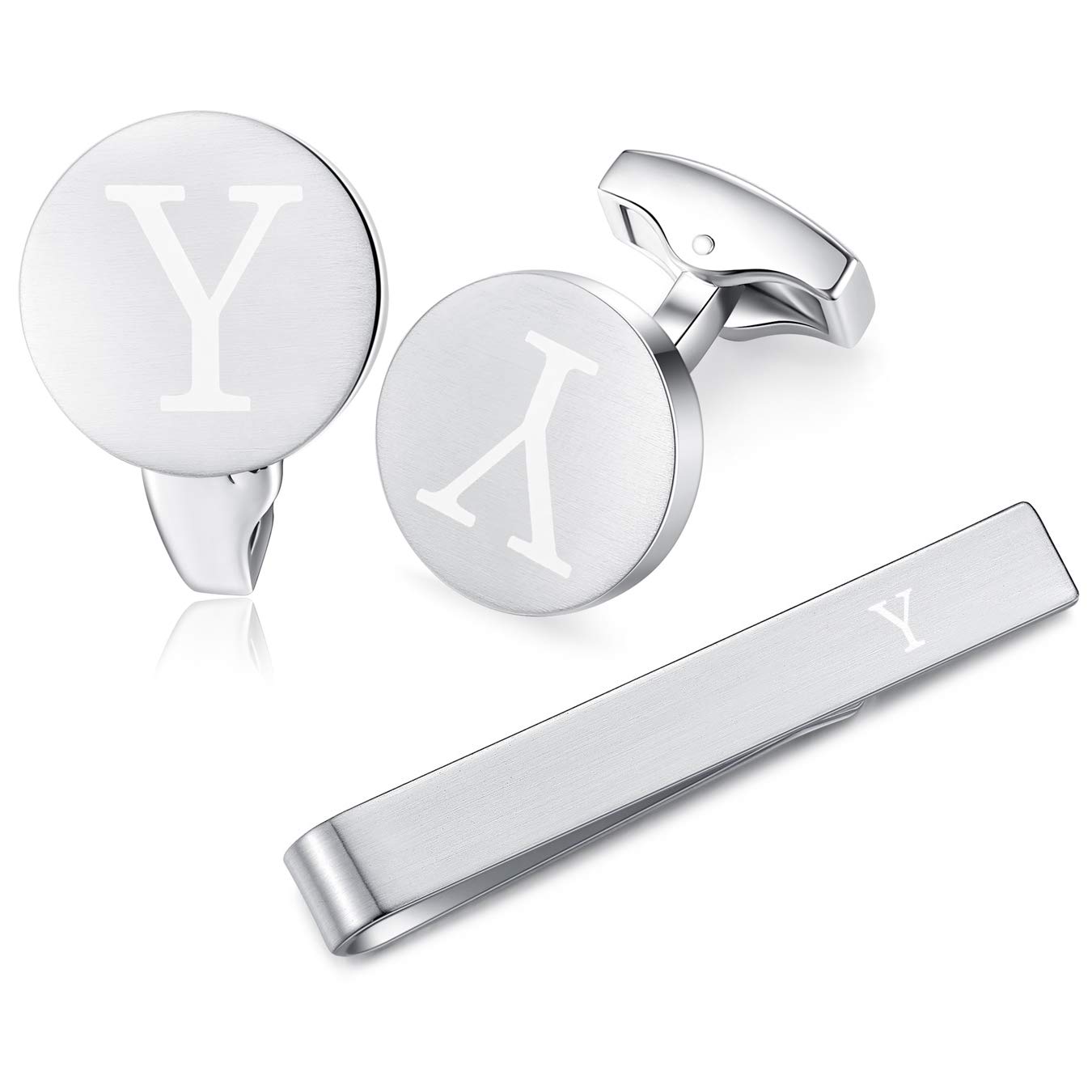 HONEY BEAR Initial Alphabet Letter Cufflinks Skinny Tie Clip Set for Mens Shirt - Round Stainless Steel, for Skinny Narrow Tie Business Wedding Gift,Brushed Silver,4cm (Y)