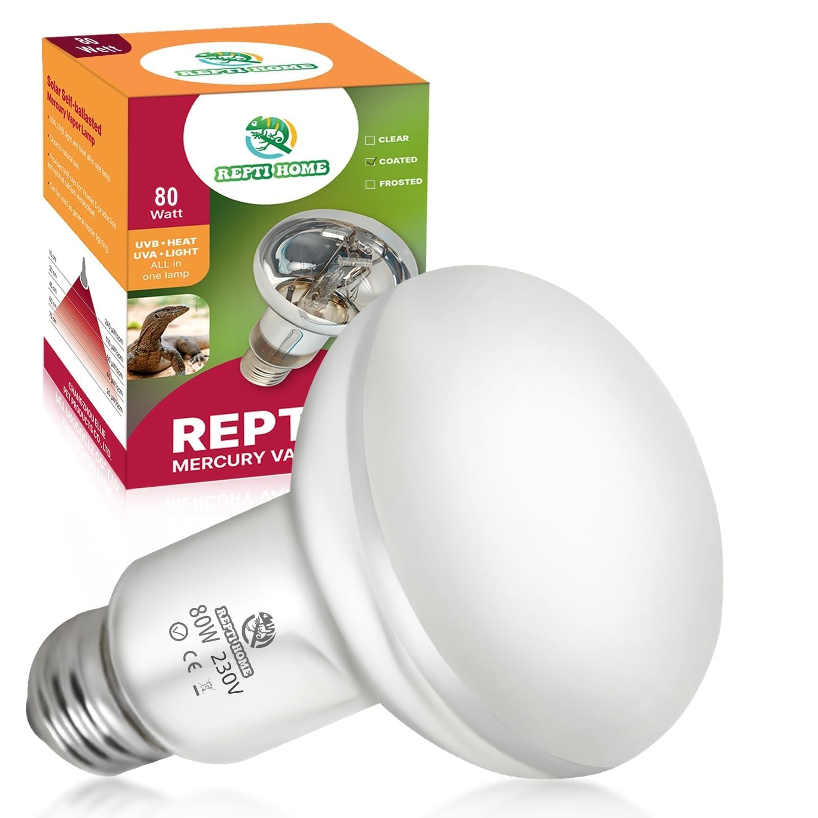 REPTI HOME Reptile UVB Lamp Bulb, 80W UVA UVB Basking Spot Heat Lamp for Reptile, Vivarium Light Full Spectrum Sun Light Bulb for Tortoise, Turtle, Frog, Lizard, Snake