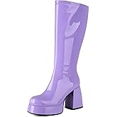 OAOKUSI Women's Gogo Boots Knee High Platform Chunky Heel Square Toe Patent Leather 70s Disco Costume Boots for Party Halloween Cosplay
