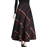 Tanming Women's Winter Warm Elastic Waist Wool Plaid A-Line Pleated Long Skirt