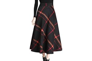 Tanming Women's Winter Warm Elastic Waist Wool Plaid A-Line Pleated Long Skirt