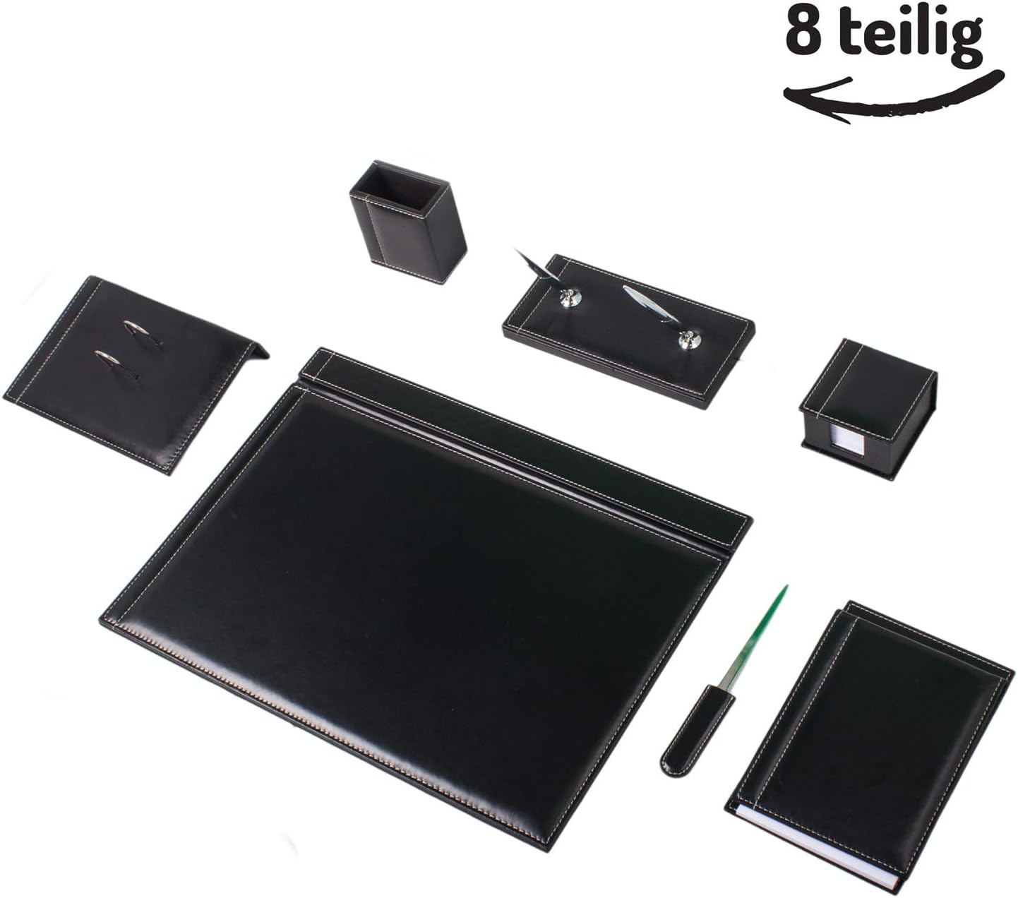 Lussodor Solid 8-Piece Desk Mat Set Made of High-Quality Leather Desk Set in 3 Colours Black