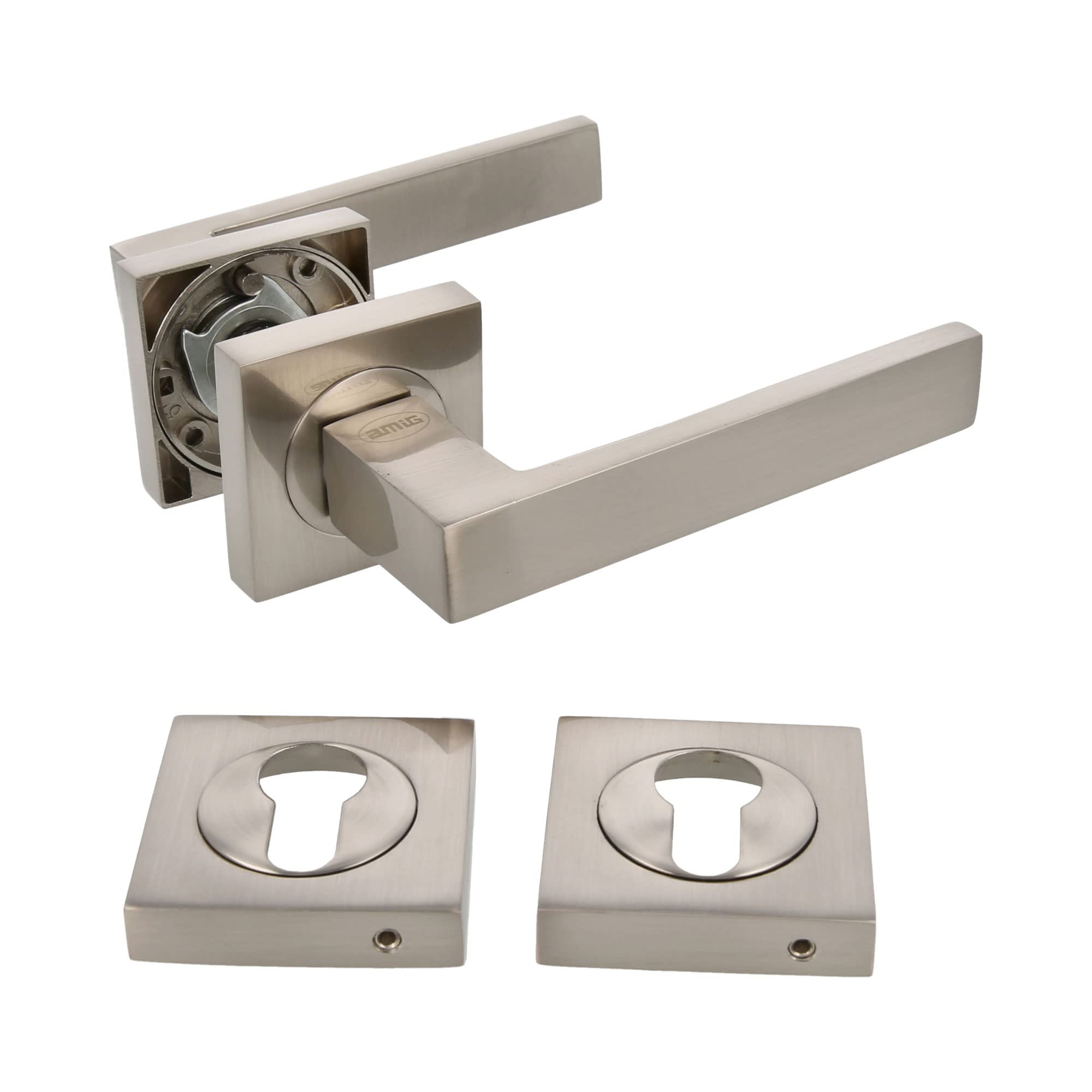 Amig - Door Handle Set - Cadiz Mod. - 52 x 124 mm - Keyhole - Elegant and Simple Design - Ergonomic Grip Handle - Satin Aluminium