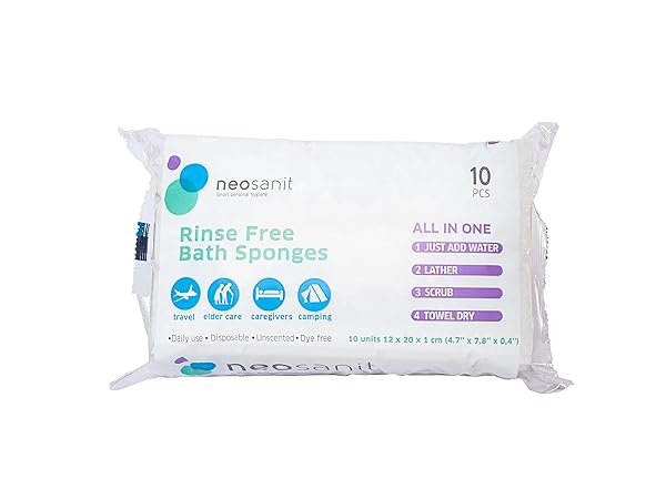NEOSANIT SOAP INFUSED BATH SPONGE RINSE FREE. SHOWER WIPES FOR ADULTS NO RINSE. BATH SPONGES WITH DERMATOLOGIC AND HYPOALLERGENIC SOAP.MEDICAL SUPPLIES FOR BATHING ALL IN ONE. SINGLE USE-PACK 10 UNITS