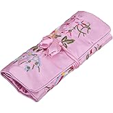 TUMBEELLUWA Embroidery Travel Jewelry Bag Roll Embroidered Flower and Bird Brocade Organizer with Tie Close