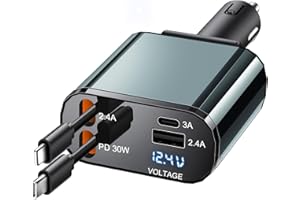 T TICCI TICCI Retractable Car Charger [60W USB C with Cables] 4-in-1 Retractable Car Charger Fast Charging for iPhone 16, 15, 14, 13, 12 Series, USB-C, Android