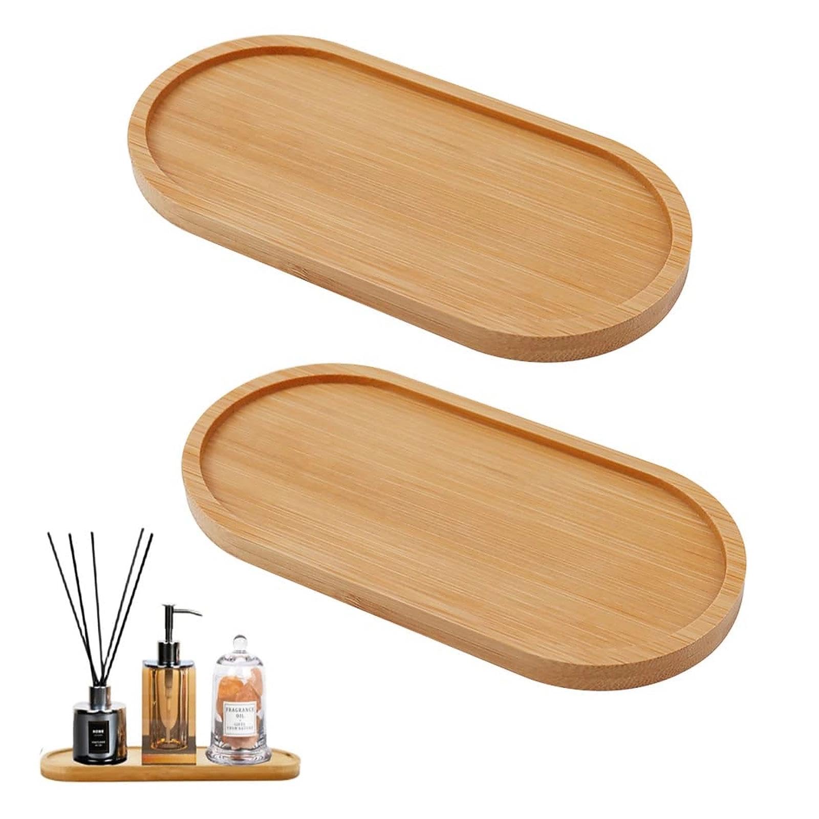 JTgugu 2 Pcs Bamboo Oval Tray 16x8x1cm Natural Rustic Brown Wooden Serving Trays Non Slip Thermal Insulation for Coaster, Tea, Fruit, Snacks, Cakes, Wine Glasses