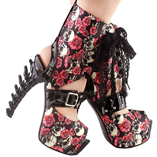 SHOW-STORY-Punk-Skull-Rose-Print-Stud-Buckle-Lace-UpPlatform-Bone-Heel-Club-Ankle-Bootie-SandalsLF80663