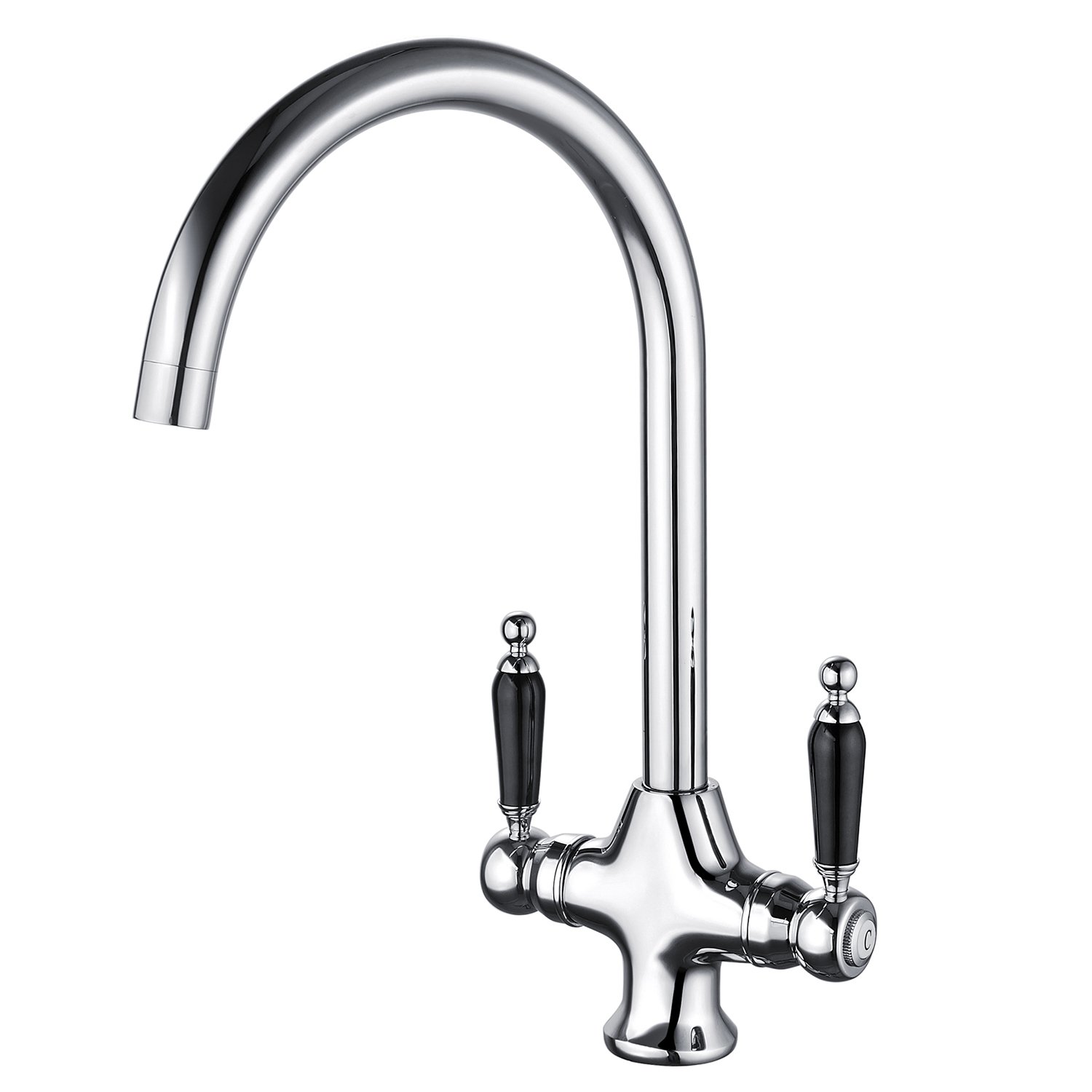 Funime Traditional Kitchen Sink Mixer Taps White Elegant Ceramic Dual Lever Monobloc Swivel Spout Chrome Brass