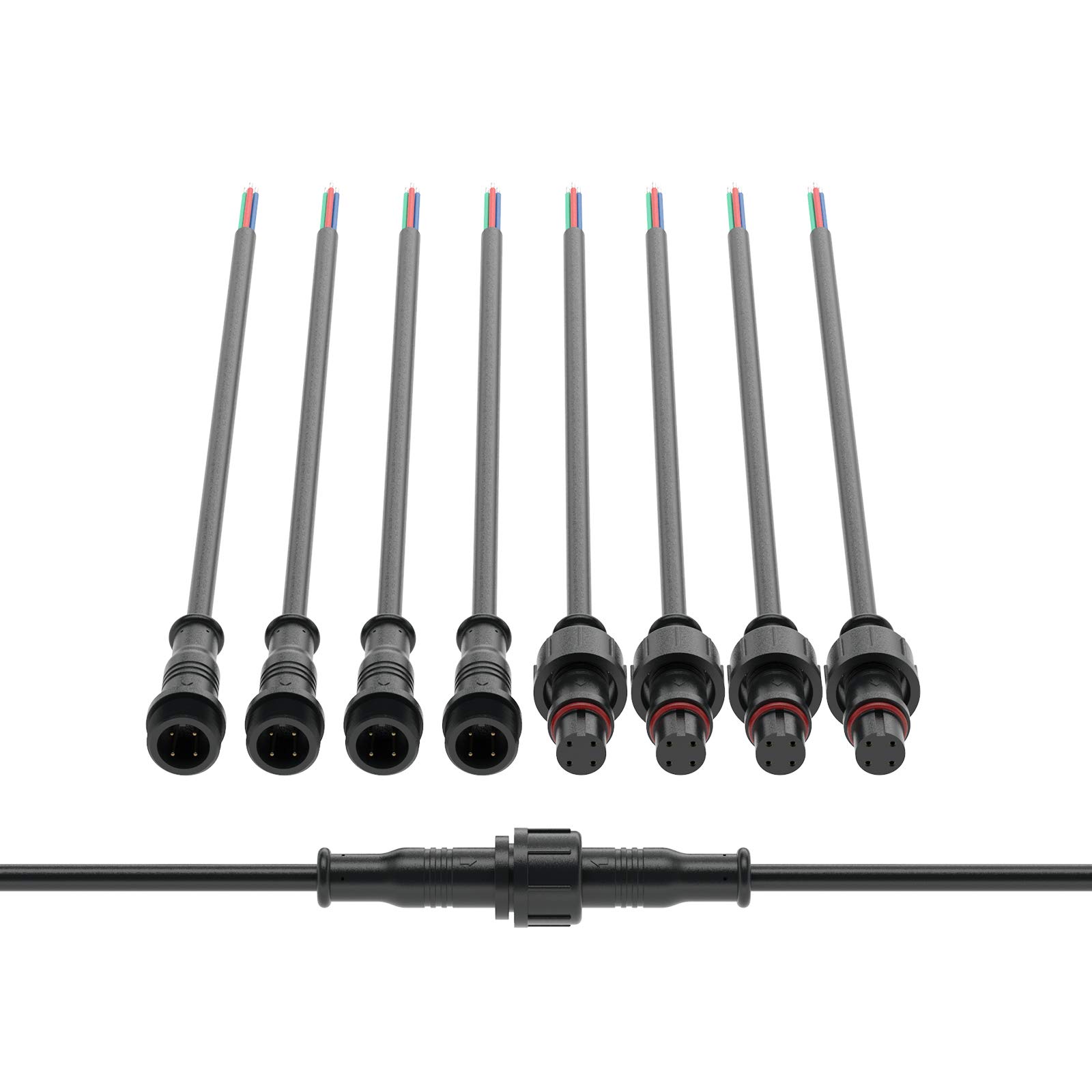 BTF-LIGHTING 4 Pin Waterproof Electrical Connector 24AWG IP65 Male Female Connector 7.87in/20cm Extension Cable for TrucBoaIndoor/Outdoor LED Strip Lights/String 15mm Nut Small Size 5 Pairs