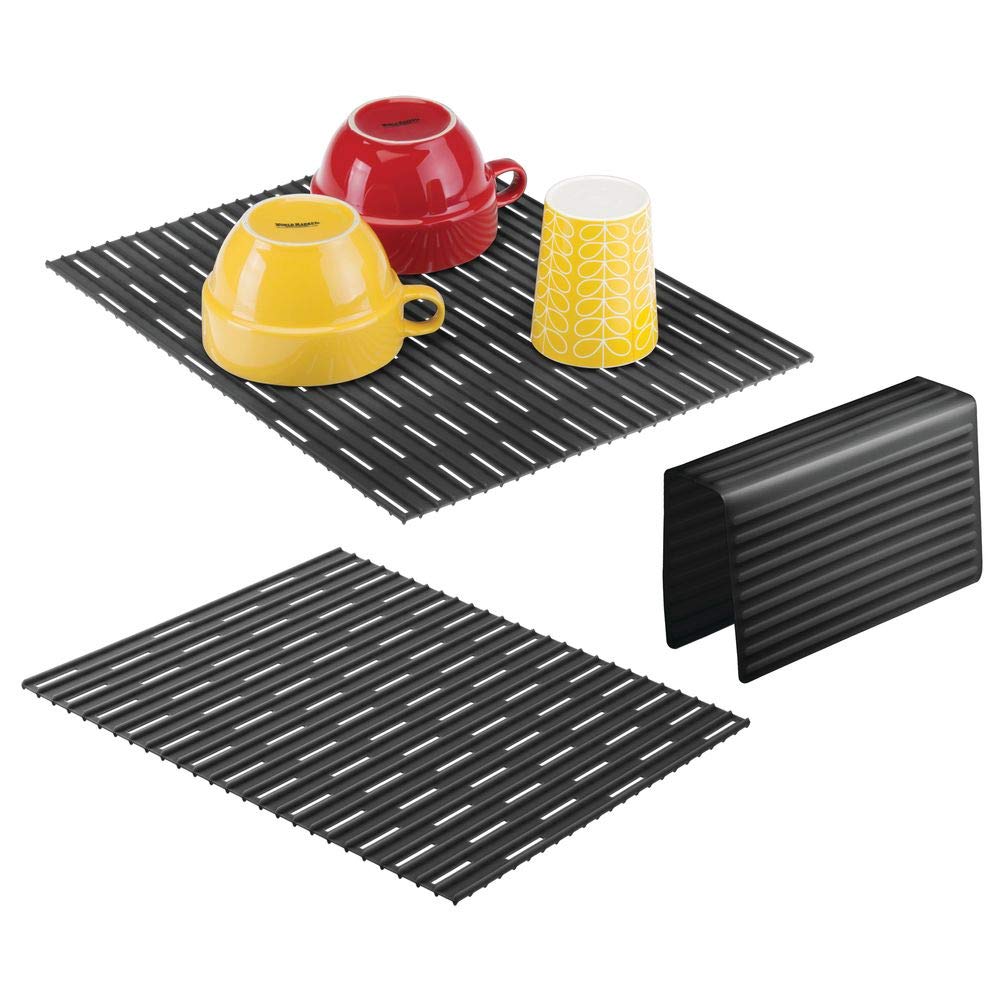 mDesign Large Kitchen Sink Protector Mat Pad Set, Quick Draining - Use In Sinks to Protect Surfaces and Dishes Combo - Ribbed Design - Includes 1 Sink Saddle, 2 Sink Mats - Set of 3 - Black