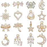 arricraft 16 Pcs 14K Gold Plated Pendant, 16 Styles Moon Flower Star Bowknot Brass Micro Pave Rhinestone Charm with Jump Ring for Necklace Bracelet Jewelry Making