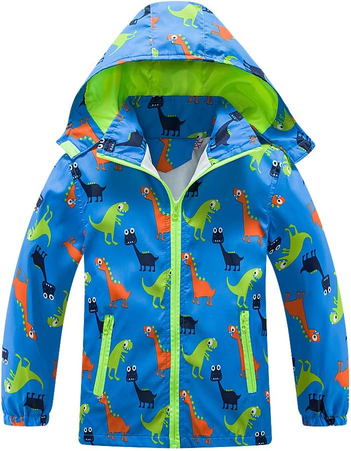 Boys Girls Rain Jacket, Outdoor Lightweight Dinosaur Raincoats Kids Detachable Hooded Jacket with Mesh Liner
