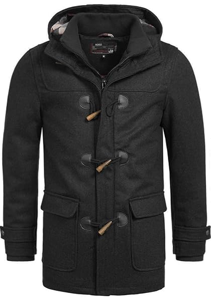 Indicode Herren Ervin Dufflecoat Wintermantel Lange Wolljacke mit Kapuze und Karo-Futter aus hochwertiger Wollmischung Knebel